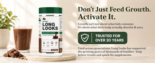 Long Looks Organic Powder supplement bottle on a wooden board next to a glass of chocolate drink, with text promoting growth support and a 'Trusted for over 20 years' badge.